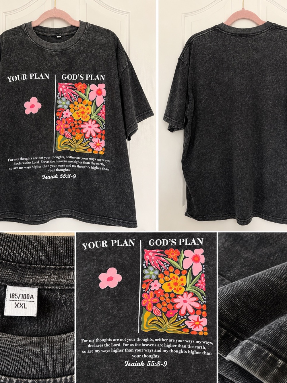 Black Kids Short-Sleeve Graphic Tee with Pink & Orange Floral Design
